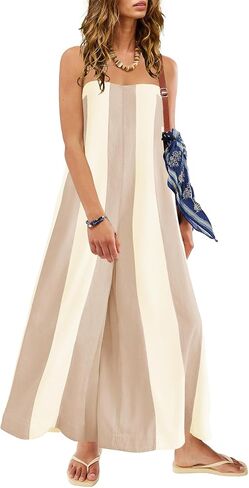 ReachMe Womens One Piece Summer Jumpsuits Strapless Tube Striped Wide Leg Pants Romper with Pockets Beach Vacation Outfits in Kuwait