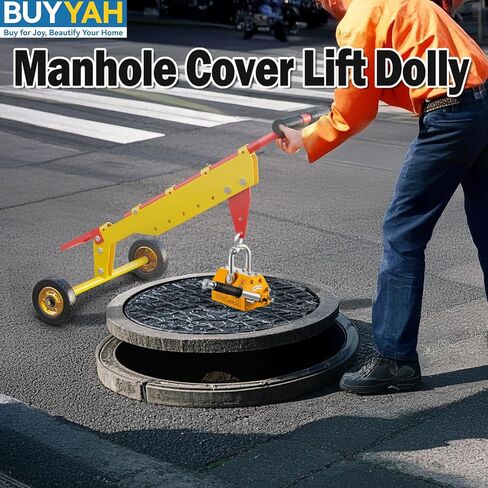 Manhole Cover Lifter, Manhole Lid Lifter Dolly with 2 Wheels, Adjustable Handle, for Lifting Mancole Covers, Septic Tanks, Sewer Lids and Storm Drains, Magnet Not Included in Kuwait