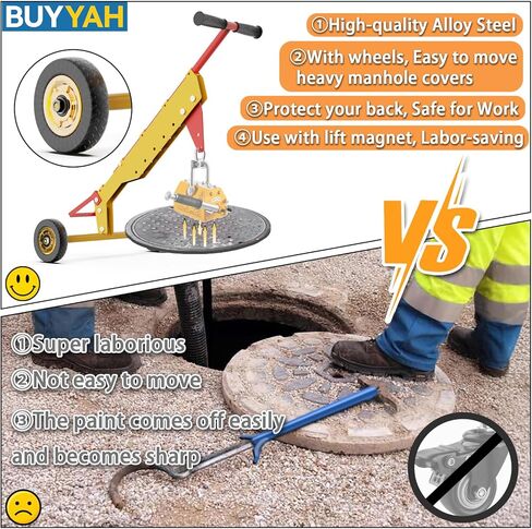 Manhole Cover Lifter, Manhole Lid Lifter Dolly with 2 Wheels, Adjustable Handle, for Lifting Mancole Covers, Septic Tanks, Sewer Lids and Storm Drains, Magnet Not Included in Kuwait
