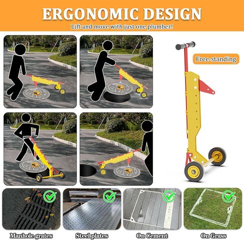 Manhole Cover Lifter, Manhole Lid Lifter Dolly with 2 Wheels, Adjustable Handle, for Lifting Mancole Covers, Septic Tanks, Sewer Lids and Storm Drains, Magnet Not Included in Kuwait