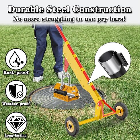 Manhole Cover Lifter, Manhole Lid Lifter Dolly with 2 Wheels, Adjustable Handle, for Lifting Mancole Covers, Septic Tanks, Sewer Lids and Storm Drains, Magnet Not Included in Kuwait