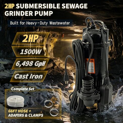 Submersible Sewage Grinder Sump Pump, 2HP 110V 1500W, 6498 GPH Cast Iron Sump Pump with Automatic Float Switch, 2'' NPT Discharge, 66ft Hose for Basement Sump Basin & Sewage Pit in Kuwait