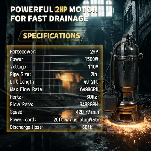 Submersible Sewage Grinder Sump Pump, 2HP 110V 1500W, 6498 GPH Cast Iron Sump Pump with Automatic Float Switch, 2'' NPT Discharge, 66ft Hose for Basement Sump Basin & Sewage Pit in Kuwait