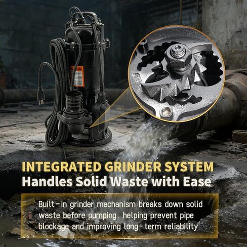 Submersible Sewage Grinder Sump Pump, 2HP 110V 1500W, 6498 GPH Cast Iron Sump Pump with Automatic Float Switch, 2'' NPT Discharge, 66ft Hose for Basement Sump Basin & Sewage Pit in Kuwait