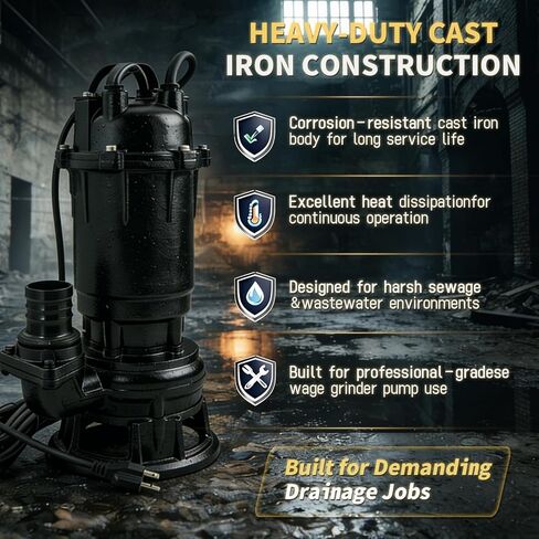 Submersible Sewage Grinder Sump Pump, 2HP 110V 1500W, 6498 GPH Cast Iron Sump Pump with Automatic Float Switch, 2'' NPT Discharge, 66ft Hose for Basement Sump Basin & Sewage Pit in Kuwait