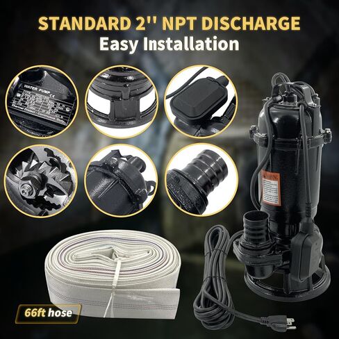 Submersible Sewage Grinder Sump Pump, 2HP 110V 1500W, 6498 GPH Cast Iron Sump Pump with Automatic Float Switch, 2'' NPT Discharge, 66ft Hose for Basement Sump Basin & Sewage Pit in Kuwait