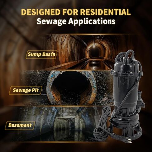 Submersible Sewage Grinder Sump Pump, 2HP 110V 1500W, 6498 GPH Cast Iron Sump Pump with Automatic Float Switch, 2'' NPT Discharge, 66ft Hose for Basement Sump Basin & Sewage Pit in Kuwait