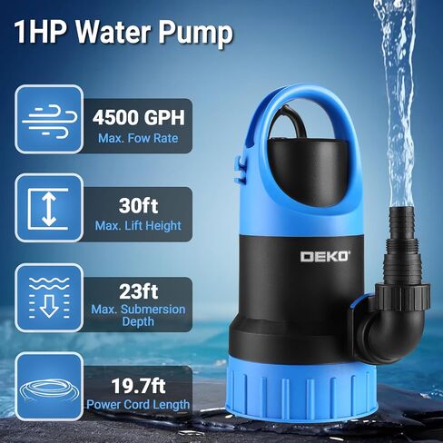 Sump Pump Submersible Water Pump : DEKOPRO 1HP Thermoplastic Portable Utility Pump 4500 GPH High Flow Water Removal for Swimming Pool Garden Pond Basement with 19.7ft Long Power Cord in Saudi Arabia