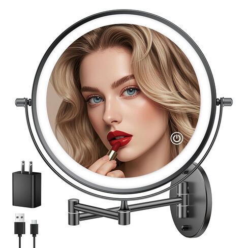 مرآة مكياج مثبتة على الحائط قابلة لإعادة الشحن مع الأضواء ، 1x10x حامت مرآة مكبرة مضاءة ، مرآة جدار مزدوجة من الجوانب للحمام ، 3 أضواء ملونة ، قابلة لللمس ، ذراع 360 تمديدها. in Kuwait