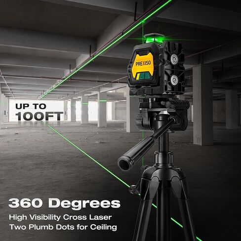 مستوى ليزر PREXISO 360 مع حامل ثلاثي ونقطتين راسيا - IP54 قابل لإعادة الشحن لمستوى الليزر المتقاطع ذاتي التسوية - أداة تسوية الليزر 3 إعدادات للسطوع، مستوى ليزر نقطة راسيا للبناء والسقف in Saudi Arabia