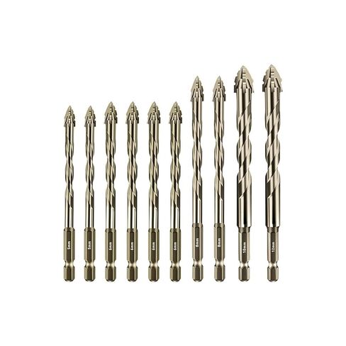 4 Flute Eccentric Drill Bits Set, Carbide, 10 Pieces, 5mm to 12mm, Hex Shank, for Wood and Metal, Yellow Finish in Saudi Arabia