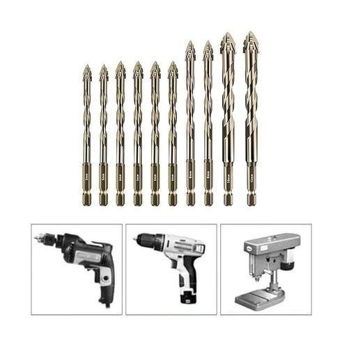 4 Flute Eccentric Drill Bits Set, Carbide, 10 Pieces, 5mm to 12mm, Hex Shank, for Wood and Metal, Yellow Finish in Saudi Arabia