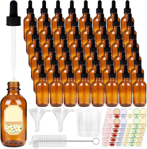 STAERSIDE 48-Pack 1 oz Clear Glass Dropper Bottles, Leakproof & Durable for Essential Oils & Craft Use, Complete Kit with Funnel, Brush, Labels, Extra Droppers & Measuring Cup in Saudi Arabia