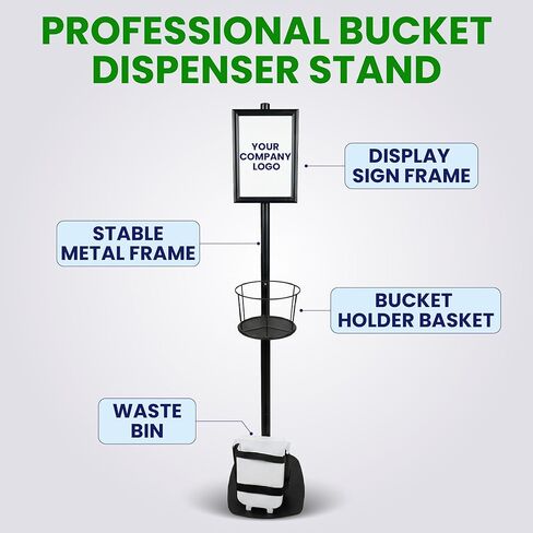 حامل موزع دلو مناديل احترافي مع إطار لافتة عرض وصندوق نفايات - محطة تعقيم شديدة التحمل للمكاتب وصالات الألعاب الرياضية والعيادات (الدلو غير متضمن) in Kuwait