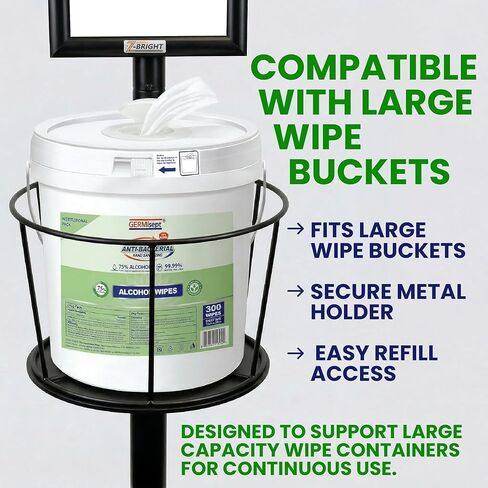 حامل موزع دلو مناديل احترافي مع إطار لافتة عرض وصندوق نفايات - محطة تعقيم شديدة التحمل للمكاتب وصالات الألعاب الرياضية والعيادات (الدلو غير متضمن) in Kuwait