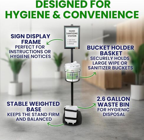 حامل موزع دلو مناديل احترافي مع إطار لافتة عرض وصندوق نفايات - محطة تعقيم شديدة التحمل للمكاتب وصالات الألعاب الرياضية والعيادات (الدلو غير متضمن) in Kuwait