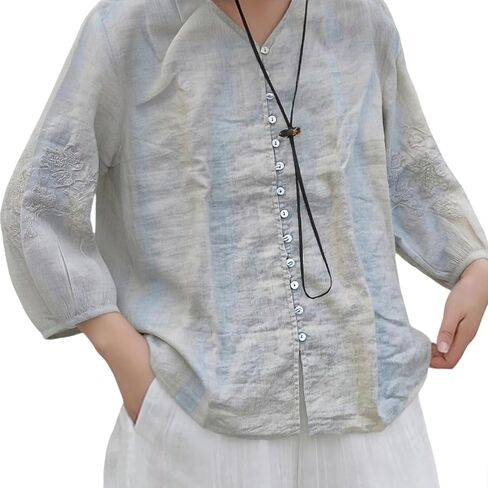 Women's Linen Shirt V-Neck 3/4 Sleeve Loose Fit Blouse - Breathable Embroidered Summer Top with Buttons in Kuwait