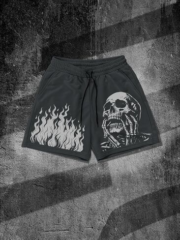 Men's Skull and Fire Pattern Shorts Comfortable Lightweight for Summer Outdoor Activities （SL03） (Darkgrey,Medium) in Saudi Arabia