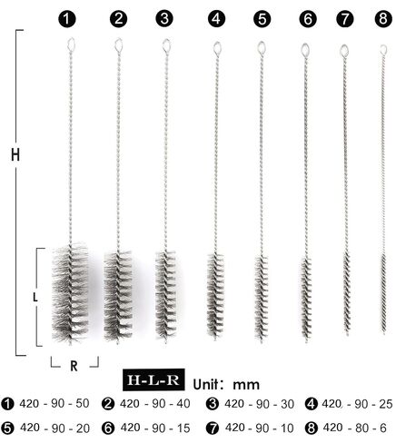 16 1/2 Inch Extra Long Stainless Steel Tube Brushes, Wire Pipe Cleaning Set with Stainless Steel Bristles, Tube Bottle Brush Kit, 8 Sizes for Auto Parts, Bottles, Tubes, Etc in Kuwait
