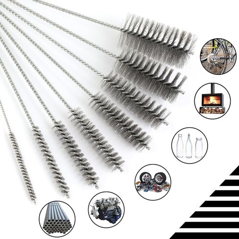 16 1/2 Inch Extra Long Stainless Steel Tube Brushes, Wire Pipe Cleaning Set with Stainless Steel Bristles, Tube Bottle Brush Kit, 8 Sizes for Auto Parts, Bottles, Tubes, Etc in Kuwait