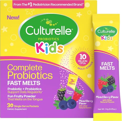 Culturelle® Kids Complete Probiotics سريع الذوبان بنكهة التوت المختلطة، 30 قطعة خالية من السكر ‡ مسحوق بروبيوتيك + بروبيوتيك لصحة الجهاز الهضمي والمناعة، يدعم الانتظام اليومي * in Kuwait