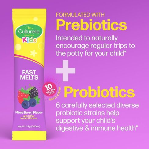 Culturelle® Kids Complete Probiotics سريع الذوبان بنكهة التوت المختلطة، 30 قطعة خالية من السكر ‡ مسحوق بروبيوتيك + بروبيوتيك لصحة الجهاز الهضمي والمناعة، يدعم الانتظام اليومي * in Kuwait