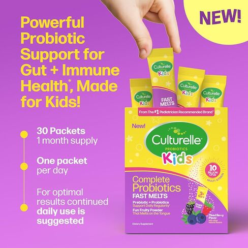 Culturelle® Kids Complete Probiotics سريع الذوبان بنكهة التوت المختلطة، 30 قطعة خالية من السكر ‡ مسحوق بروبيوتيك + بروبيوتيك لصحة الجهاز الهضمي والمناعة، يدعم الانتظام اليومي * in Kuwait