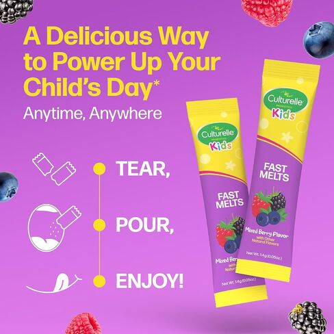 Culturelle® Kids Complete Probiotics سريع الذوبان بنكهة التوت المختلطة، 30 قطعة خالية من السكر ‡ مسحوق بروبيوتيك + بروبيوتيك لصحة الجهاز الهضمي والمناعة، يدعم الانتظام اليومي * in Kuwait