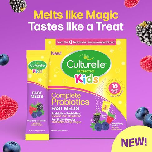 Culturelle® Kids Complete Probiotics سريع الذوبان بنكهة التوت المختلطة، 30 قطعة خالية من السكر ‡ مسحوق بروبيوتيك + بروبيوتيك لصحة الجهاز الهضمي والمناعة، يدعم الانتظام اليومي * in Kuwait