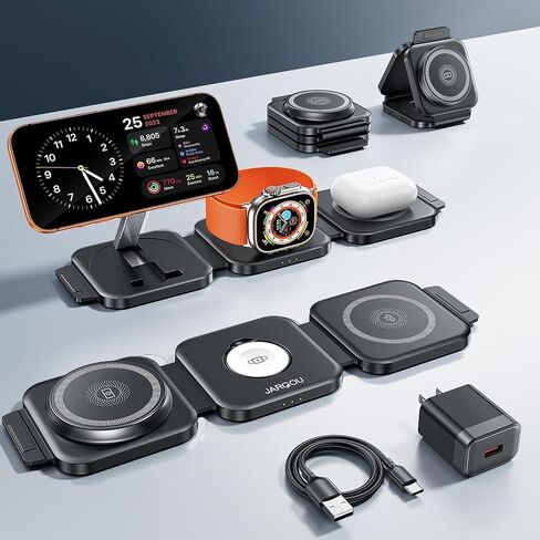 JARGO 3 in 1 Wireless Charging Station for Apple Devices, Foldable iPhone Charging Station for iPhone 17/16/15/14/13/12, Apple Watch & AirPods with Magsafe, Travel Essentials Wireless Charger (Black) in Kuwait