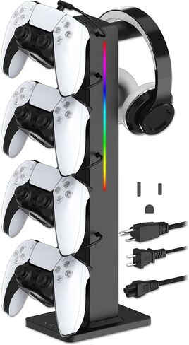 حامل سماعة رأس للألعاب KAFRI RGB مع 8 أوضاع إضاءة، حامل وحدة تحكم للمكتب - مع كابل شاحن قابل للسحب - 2 مخرج طاقة و4 منافذ شحن من النوع C لملحقات ألعاب الكمبيوتر (أسود) in Kuwait