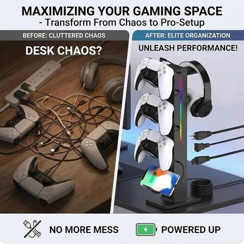 حامل سماعة رأس للألعاب KAFRI RGB مع 8 أوضاع إضاءة، حامل وحدة تحكم للمكتب - مع كابل شاحن قابل للسحب - 2 مخرج طاقة و4 منافذ شحن من النوع C لملحقات ألعاب الكمبيوتر (أسود) in Kuwait