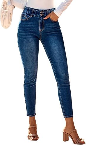 بنطلون جينز نسائي ضيق عالي الخصر من SHEWIN بنطال جينز ضيق عصري قابل للتمدد بأزرار بطول كامل من قماش الدنيم مع جيوب in Kuwait