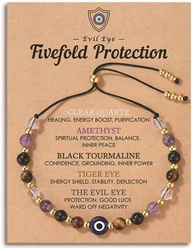 Evil Eye Exquisite Bracelet - Natural Crystal Protection Bracelet -5 Healing Stones Transparent Quartz Amethyst Black tourmaline Tiger Eye Adjustable Soul Guardian Jewelry Gift with Meaning Card in Saudi Arabia