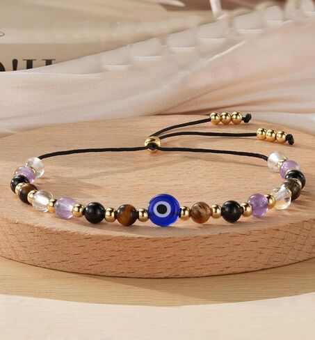 Evil Eye Exquisite Bracelet - Natural Crystal Protection Bracelet -5 Healing Stones Transparent Quartz Amethyst Black tourmaline Tiger Eye Adjustable Soul Guardian Jewelry Gift with Meaning Card in Saudi Arabia