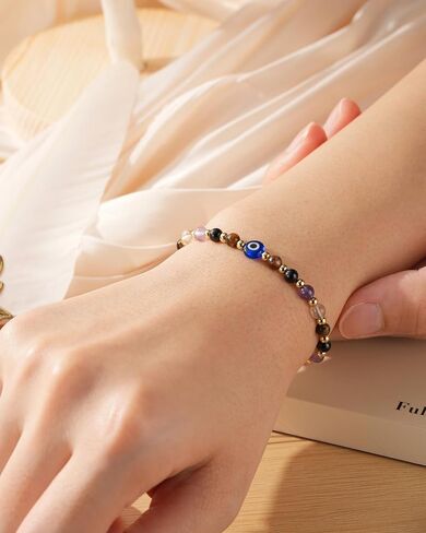 Evil Eye Exquisite Bracelet - Natural Crystal Protection Bracelet -5 Healing Stones Transparent Quartz Amethyst Black tourmaline Tiger Eye Adjustable Soul Guardian Jewelry Gift with Meaning Card in Saudi Arabia