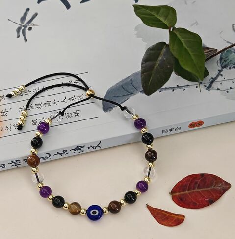 Evil Eye Exquisite Bracelet - Natural Crystal Protection Bracelet -5 Healing Stones Transparent Quartz Amethyst Black tourmaline Tiger Eye Adjustable Soul Guardian Jewelry Gift with Meaning Card in Saudi Arabia