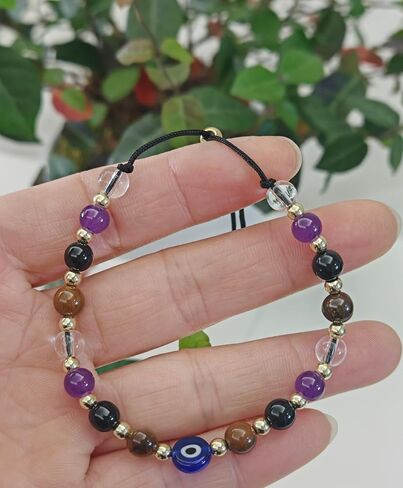 Evil Eye Exquisite Bracelet - Natural Crystal Protection Bracelet -5 Healing Stones Transparent Quartz Amethyst Black tourmaline Tiger Eye Adjustable Soul Guardian Jewelry Gift with Meaning Card in Saudi Arabia