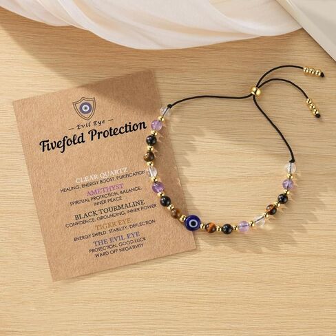 Evil Eye Exquisite Bracelet - Natural Crystal Protection Bracelet -5 Healing Stones Transparent Quartz Amethyst Black tourmaline Tiger Eye Adjustable Soul Guardian Jewelry Gift with Meaning Card in Saudi Arabia