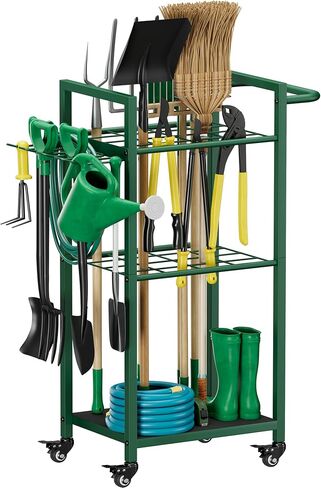Garden Tool Organizer with Wheels, Heavy Duty 3 Tier Metal Yard Tool Storage Rack Holder with Side Hooks, Freestanding Garage Organizer for Shovels, Rakes, Brooms, Indoor Outdoor Use, Black in Saudi Arabia