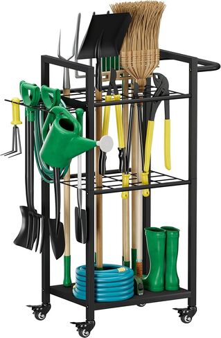 Garden Tool Organizer with Wheels, Heavy Duty 3 Tier Metal Yard Tool Storage Rack Holder with Side Hooks, Freestanding Garage Organizer for Shovels, Rakes, Brooms, Indoor Outdoor Use, Black in Saudi Arabia