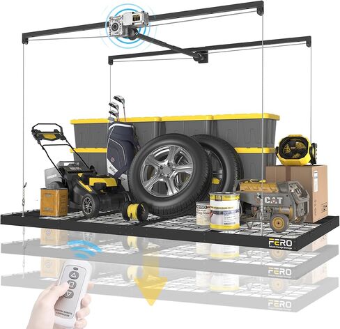 FERO Motorized Overhead Garage Storage Rack with Remote Control, 4x8 FT Ceiling Storage Lift System, Heavy-Duty Ceiling Mounted Organizer, Space-Saving Hanging Garage Shelves, 325 LBS Capacity in Saudi Arabia