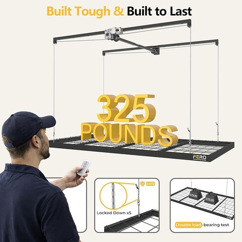 FERO Motorized Overhead Garage Storage Rack with Remote Control, 4x8 FT Ceiling Storage Lift System, Heavy-Duty Ceiling Mounted Organizer, Space-Saving Hanging Garage Shelves, 325 LBS Capacity in Saudi Arabia