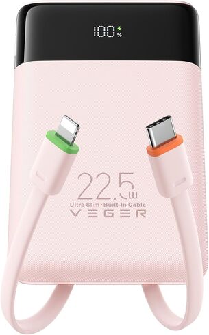 VEGER Portable Charger with Built in Cables, Slim 10000mAh PD 22.5W Fast Charging USB C Power Bank, 4 Outputs 3 Inputs Battery Pack Compatible with iPhone 16 15 14 13 Samsung iPad - Travel Essential in Kuwait
