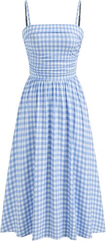 CIDER Women's Summer Gingham Midi Dress Sleeveless Ruched Plaid Dress Spaghetti Strap Dresses Casual Trendy in Saudi Arabia