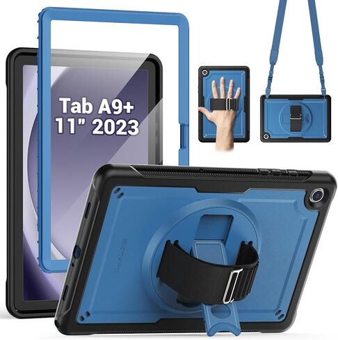 SEYMAC for Samsung Galaxy Tab A9+ Plus Case 11" (SM-X210/X216/X218) | Navy Blue Shockproof Case, Screen Protector, Rotating Stand, Hand/Shoulder Strap in Kuwait