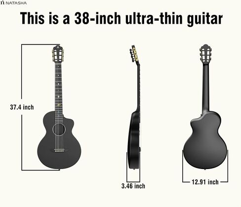 جيتار صوتي من ألياف الكربون من ناتاشا، جيتار من النايلون مقاس 38 بوصة، جيتار متين رفيع للغاية مكون من 6 أوتار للمبتدئين (أسود) in Kuwait