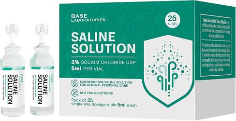 BASE LABORATORIES 3% قوارير محلول ملحي - متعددة الاستخدامات 3% أمبولات ملحية من كلوريد الصوديوم - محلول ملحي خالٍ من المواد الحافظة قوارير للاستخدام الفردي - قوارير من الدرجة USP 25 × عدد 5 مل in Kuwait
