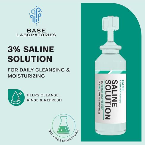 BASE LABORATORIES 3% قوارير محلول ملحي - متعددة الاستخدامات 3% أمبولات ملحية من كلوريد الصوديوم - محلول ملحي خالٍ من المواد الحافظة قوارير للاستخدام الفردي - قوارير من الدرجة USP 25 × عدد 5 مل in Kuwait