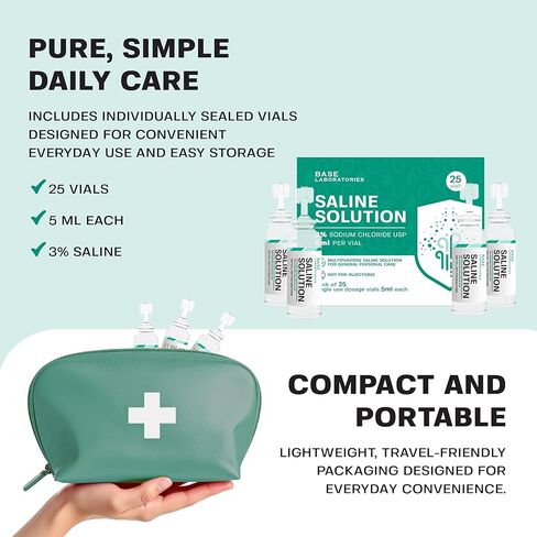 BASE LABORATORIES 3% قوارير محلول ملحي - متعددة الاستخدامات 3% أمبولات ملحية من كلوريد الصوديوم - محلول ملحي خالٍ من المواد الحافظة قوارير للاستخدام الفردي - قوارير من الدرجة USP 25 × عدد 5 مل in Kuwait